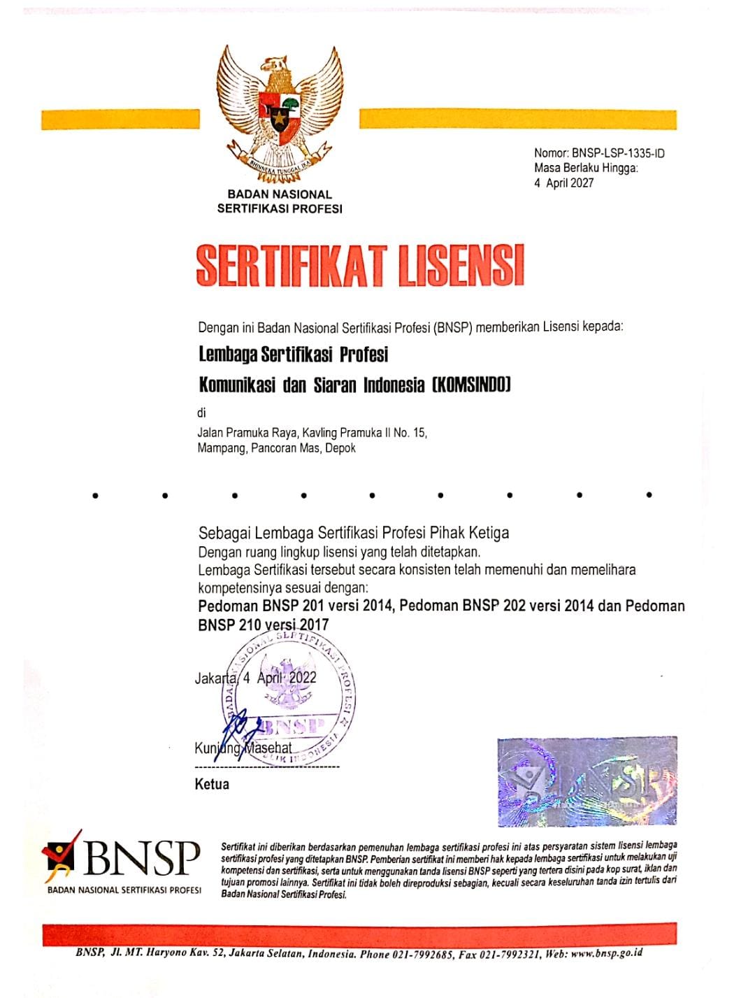 Sertifikat Lisensi BNSP